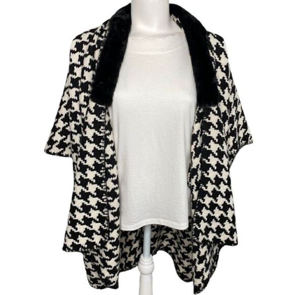 LOFT Cardigan Wrap Women's MEDIUM Black White Faux-Fur‎ Collar Draped NWOT